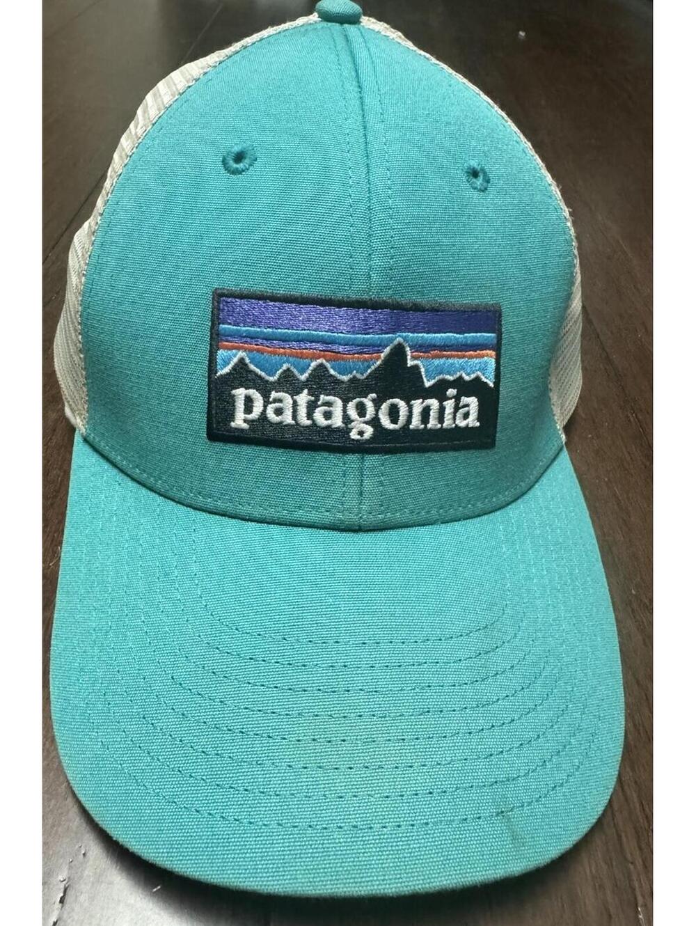 PATAGONIA Spell Out Patch Trucker Mesh Snapback Hat Cap 90s Teal Adjustable